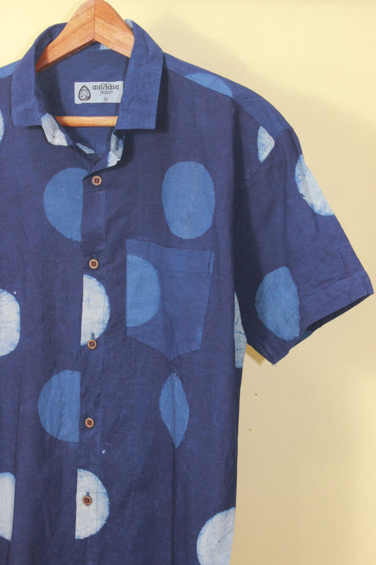 Natural Indigo Hand Block Bold Polka Print Men's Shirt