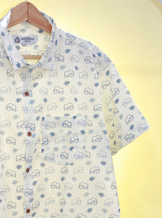 Blue Elephant Print Cotton Shirt Men - By Kartikeya Jaipur