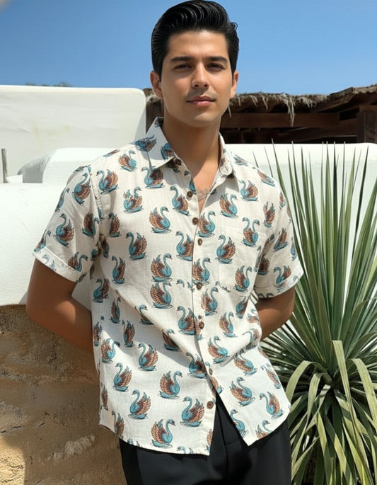 Cute Swan Print Cotton Half Sleeve Shirt for Men