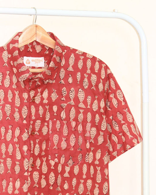 Quirky Fish Print Half Sleeve Shirt - Red