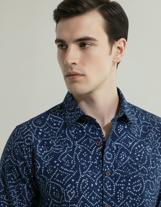 Indigo Full Sleeve Casual Bandhani Shirt for Men