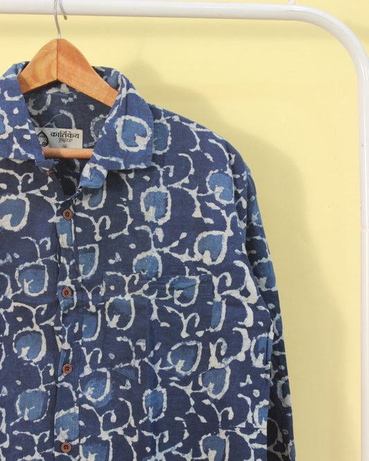 Kartikeya Jaipur Abstract Leaf Print Indigo Shirt