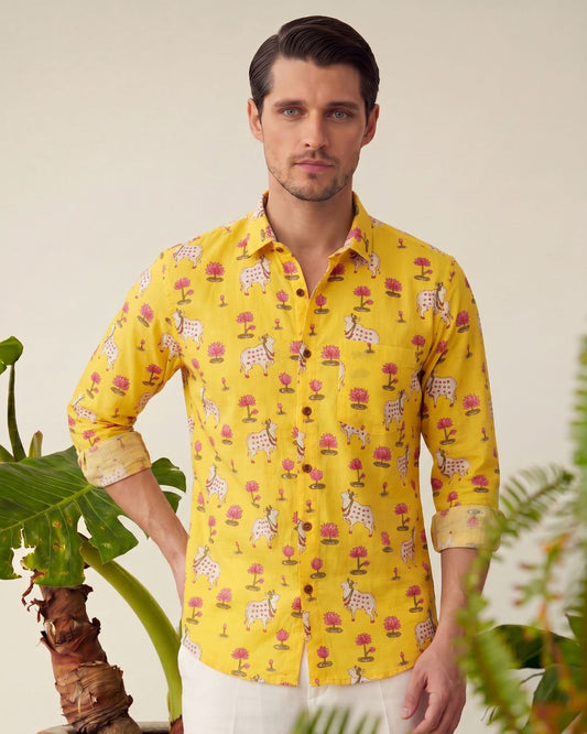 Pichwai Cow Yellow Full Sleeves Men Shirt