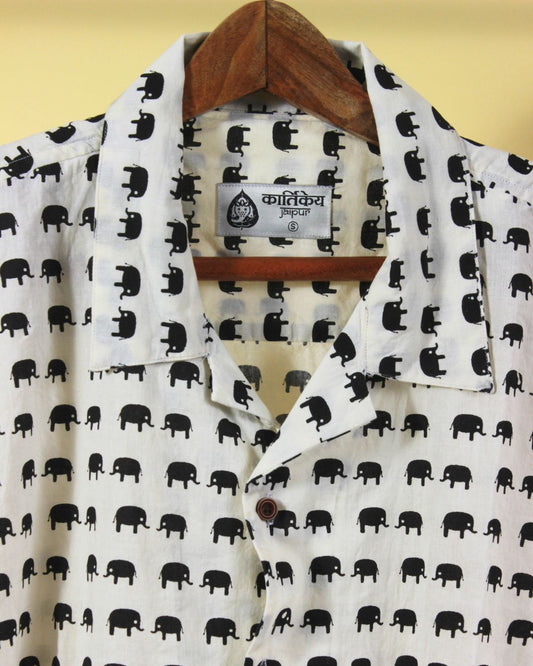 Elephant Print Cuban Collar Shirt in Black