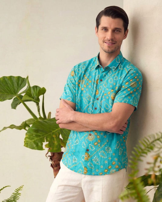 Turquoise Blue Bandhej Print Men's Cotton Shirt - Prebook ( Dispatch by 27th June )