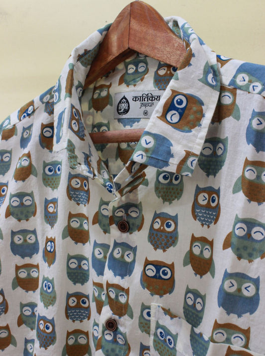 Owl Print Half Sleeve Cotton Shirt for Men