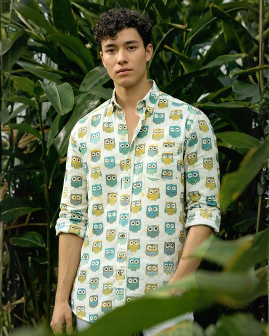 Full Sleeve Owl Print Shirt for Men