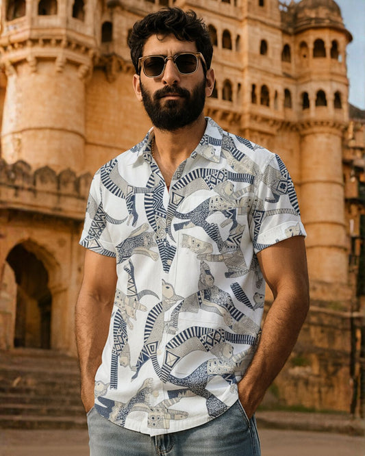 Sphynx Cat Print Cotton Classic Half Shirt for Men - White