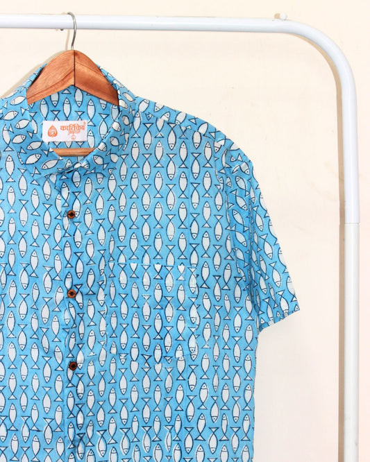 Natural Indigo Quirky Fish Print Half Sleeve Shirt - Blue
