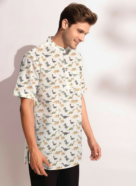 Dino Print Half Sleeve Cotton Short Kurta for Men