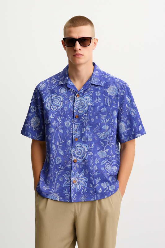 Floral Indigo Print Men's Cotton Shirt Blue