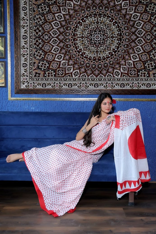 White & Red Premium Cotton Mulmul Saree - Pujo Special
