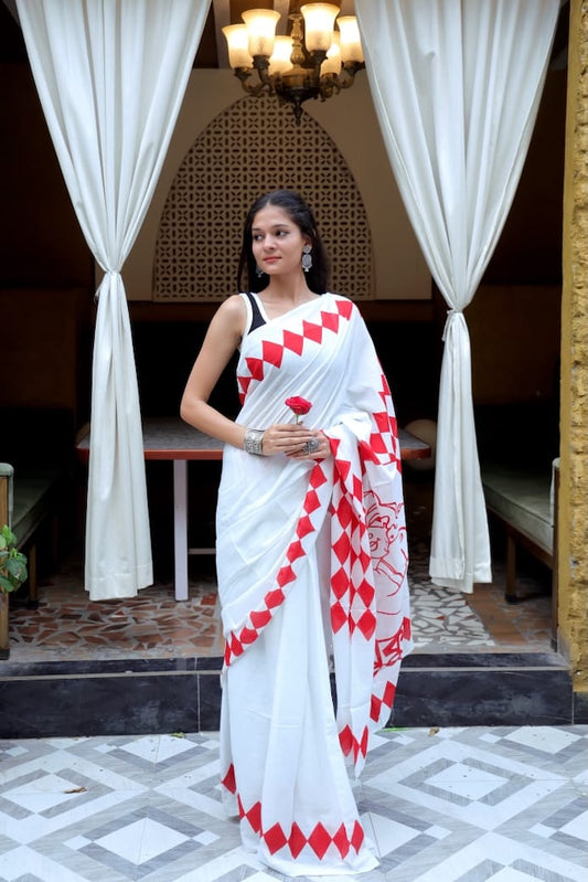 White & Red Premium Cotton Mulmul Saree - Pujo Special