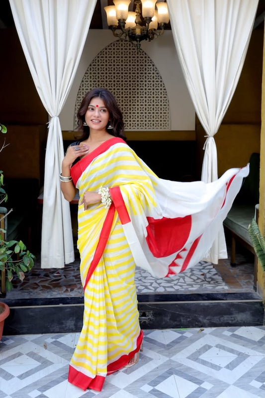 White & Red Premium Cotton Mulmul Saree - Pujo Special