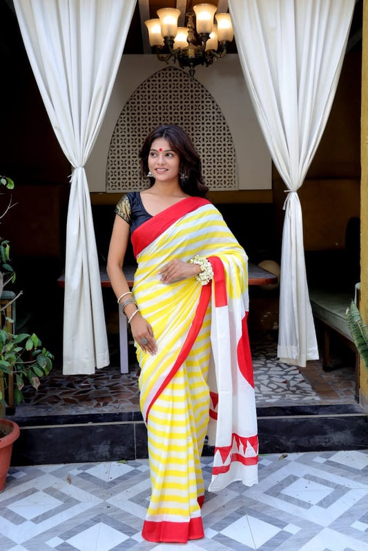 White & Red Premium Cotton Mulmul Saree - Pujo Special