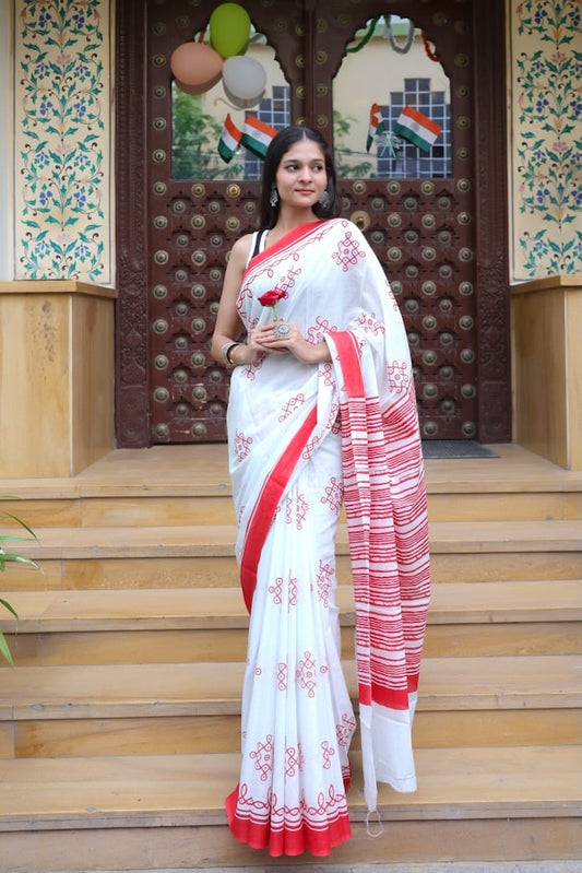 White & Red Premium Cotton Mulmul Saree - Pujo Special