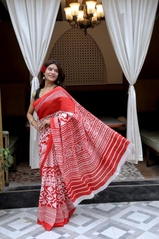 White & Red Premium Cotton Mulmul Saree - Pujo Special