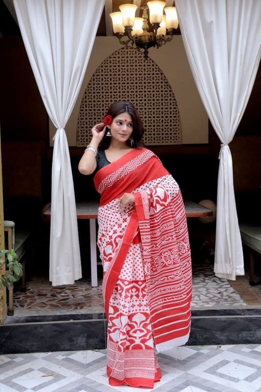 White & Red Premium Cotton Mulmul Saree - Pujo Special