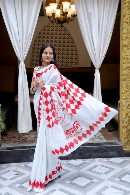 White & Red Premium Cotton Mulmul Saree - Pujo Special
