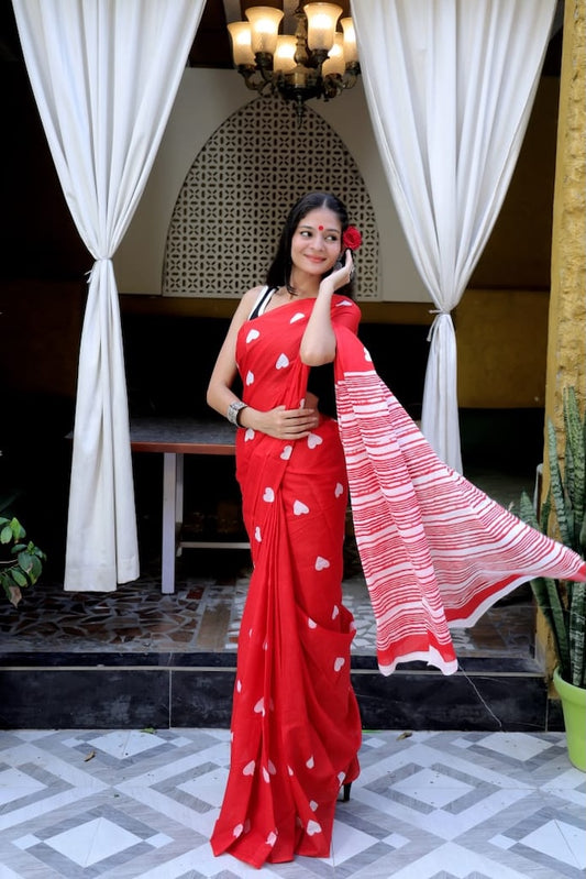 White & Red Premium Cotton Mulmul Saree - Pujo Special