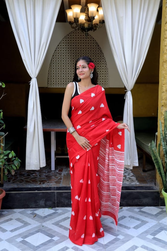 White & Red Premium Cotton Mulmul Saree - Pujo Special
