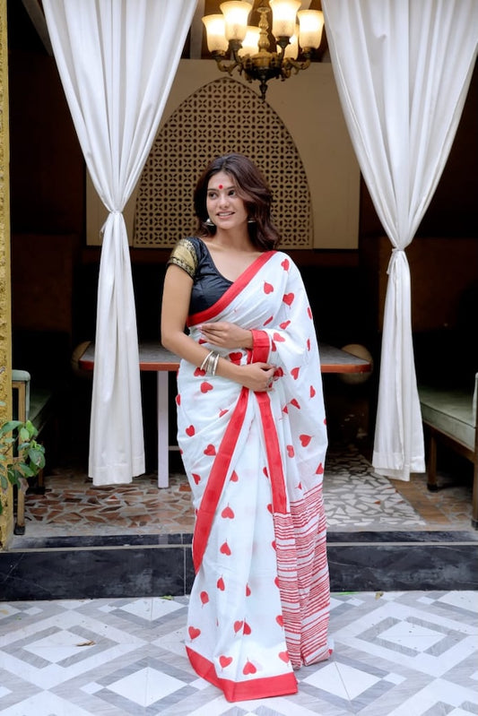 White & Red Premium Cotton Mulmul Saree - Pujo Special