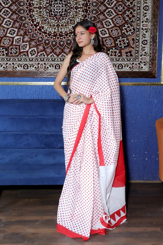 White & Red Premium Cotton Mulmul Saree - Pujo Special