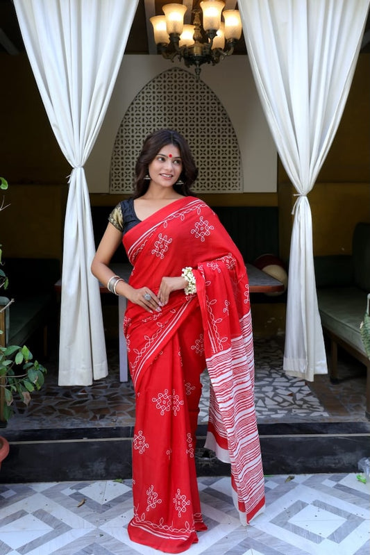 White & Red Premium Cotton Mulmul Saree - Pujo Special