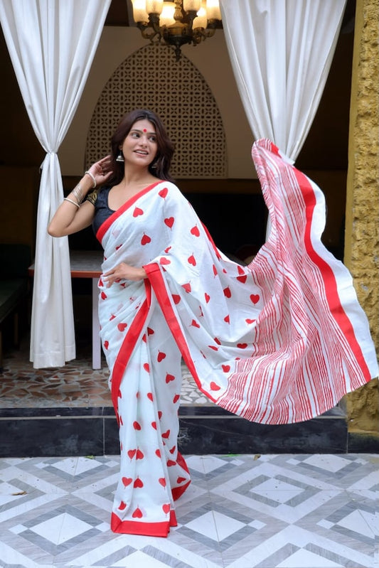 White & Red Premium Cotton Mulmul Saree - Pujo Special