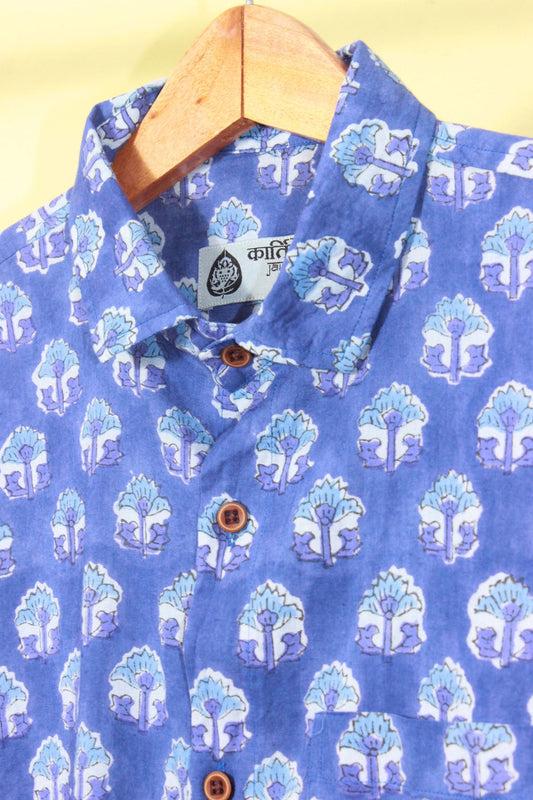 Blue Motif Print Classic Cotton Indigo Half Shirt for Men