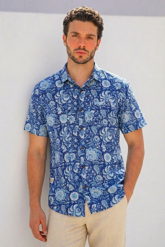 Organic Indigo Print Half Sleeve Cotton Shirt