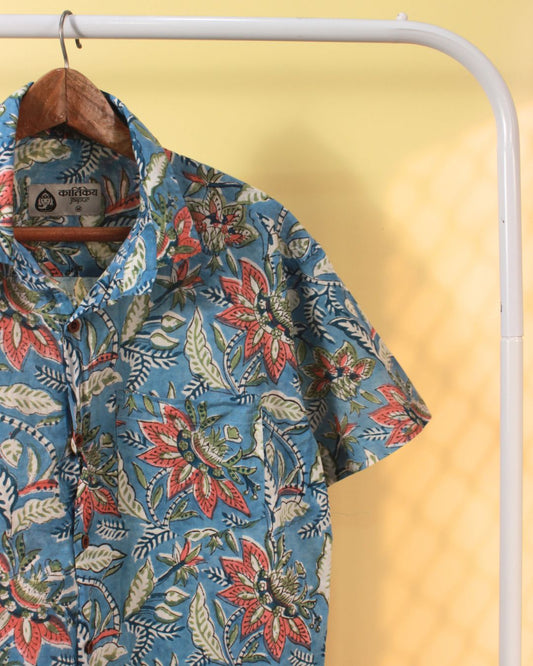 Ethnic Floral Hand Block Printed Blue Shirt for Men