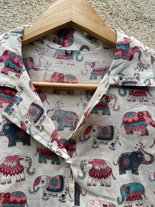 Elephant Print Half Sleeve Cotton Shirt for Women - Red