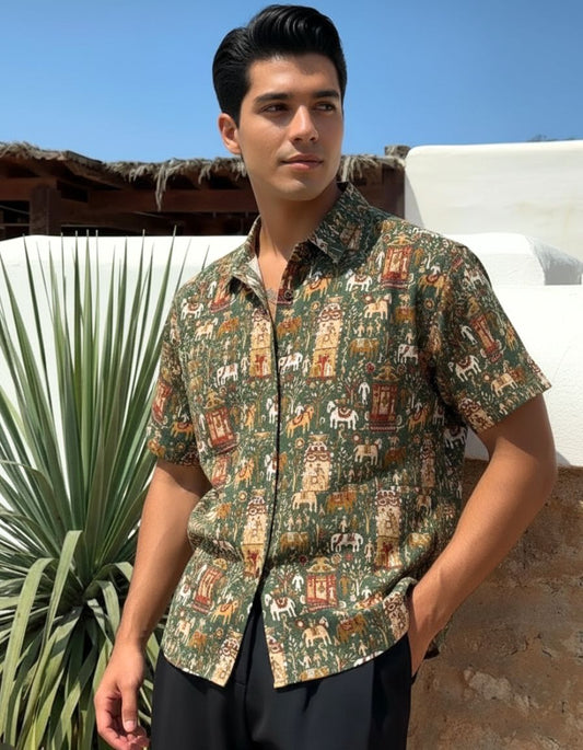 Classic Tribal Print Half Sleeve Cotton Shirt for Men