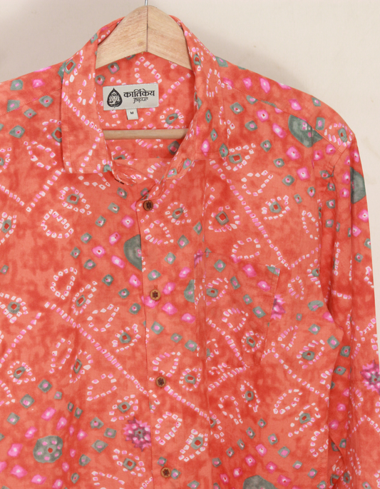 Classic Orange Bandhej Cotton Full Sleeve Shirt for Men