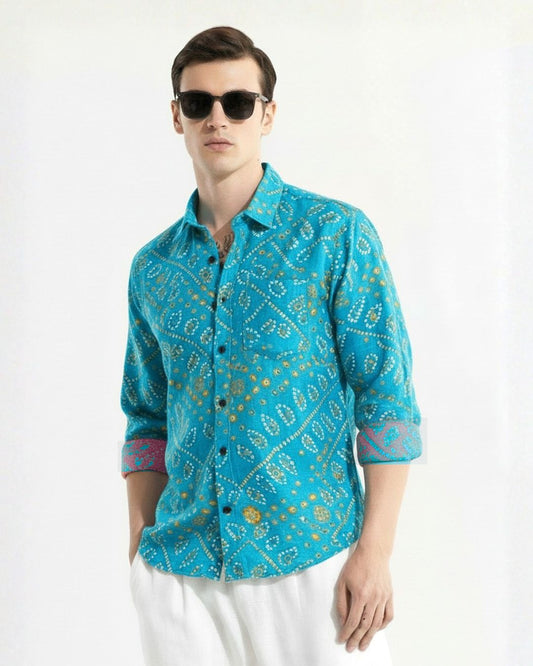 Traditional Turquoise Bandhani Print F/S Shirt for Men - Festive Edit