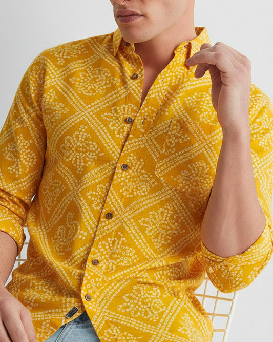 Bandhej Full Sleeves Haldi Shirt For Men ( Yellow )