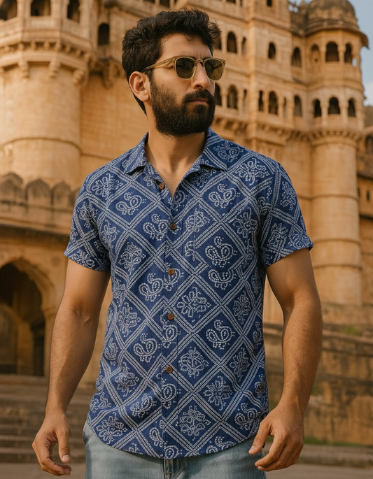 Bandhani Print Half Sleeves Shirt For Men (Blue Zodiac)