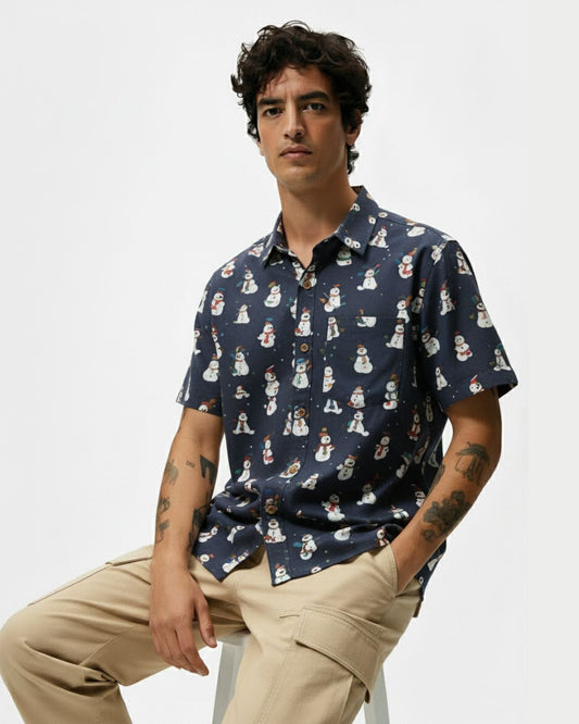 Men's Christmas Snowman Cotton Shirt Blue
