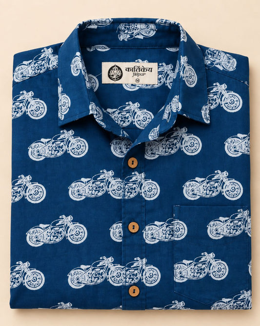 Vintage Classic Bike Print Indigo Shirt - Organic