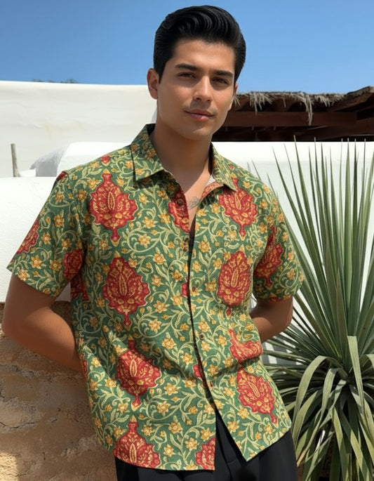 Floral Print Cotton Half Sleeve Shirt for Men