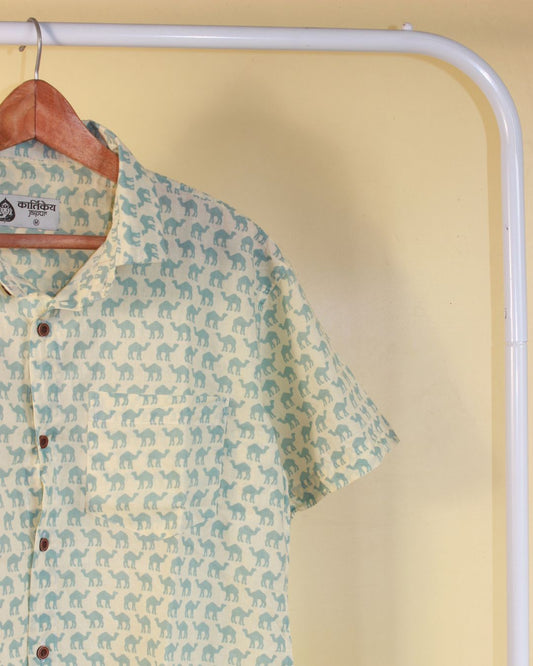 Blue Camel Print Spread Collar Shirt for Men