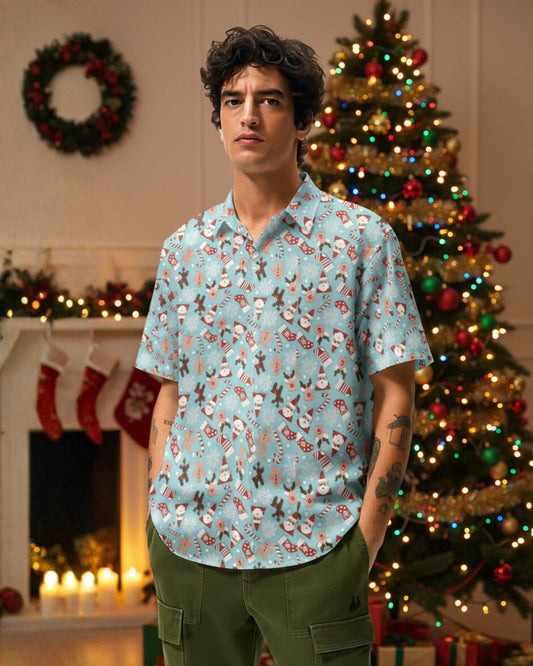 Sky Blue Snowman Print Shirt for Men