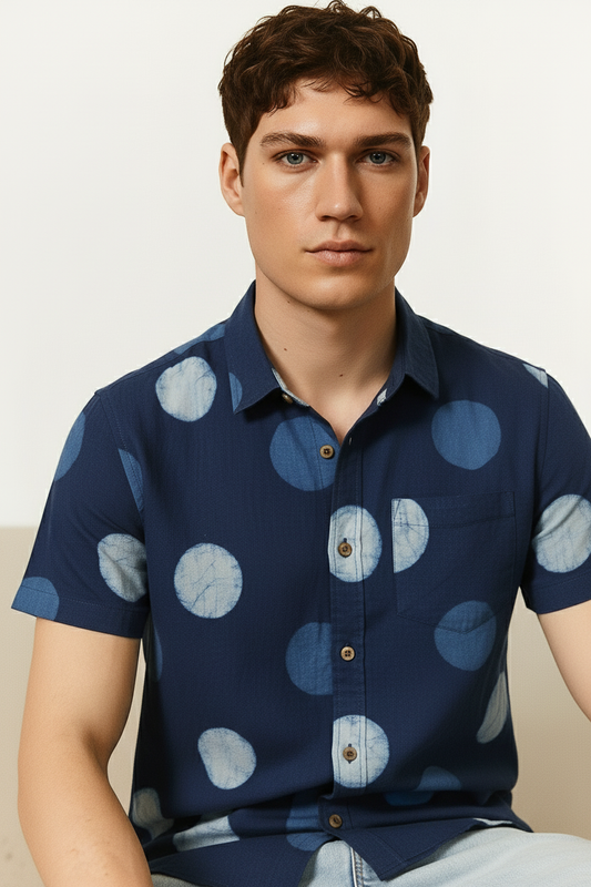 Natural Indigo Hand Block Bold Polka Print Men's Shirt