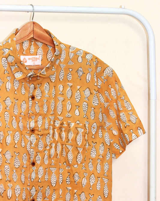 Quirky Fish Print Half Sleeve Shirt - Mustard
