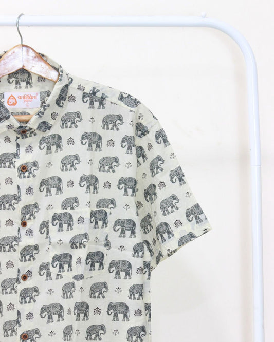 Grey Elephant Print Men's Cotton Shirt By Kartikeya Jaipur