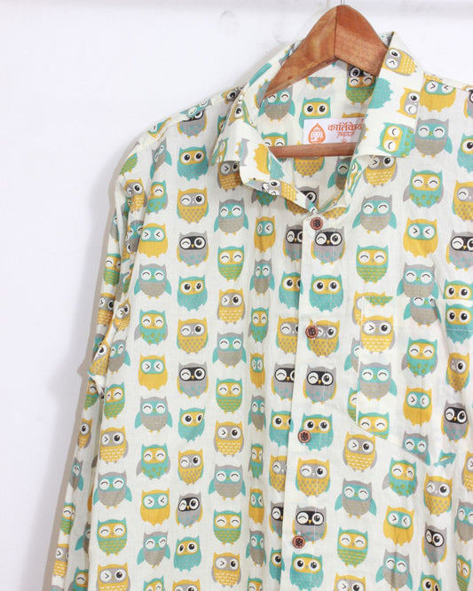 Full Sleeve Cute Owl Print Shirt for Men