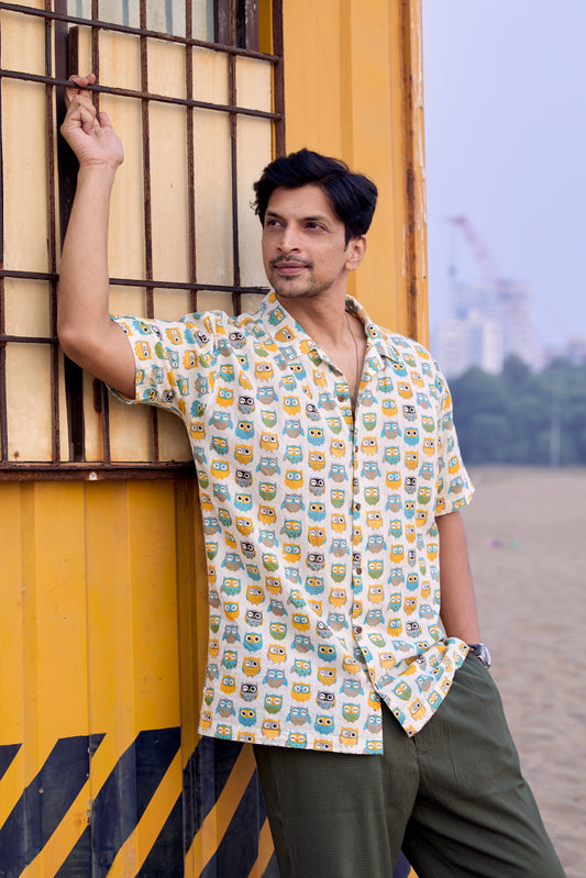 Owl Print Cuban Cotton Shirt for Men