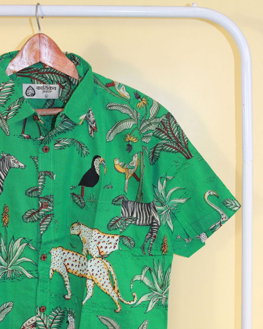Animal Print Hand Block Half Shirt Green