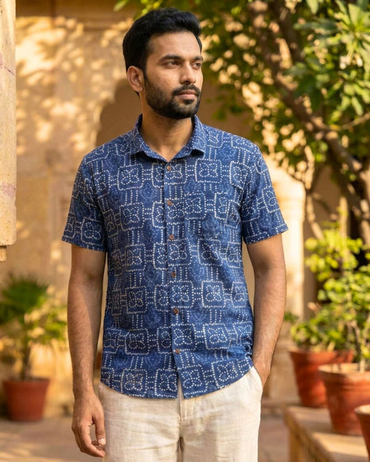Ethnic Bandhani Men Indigo Shirt Half Sleeve
